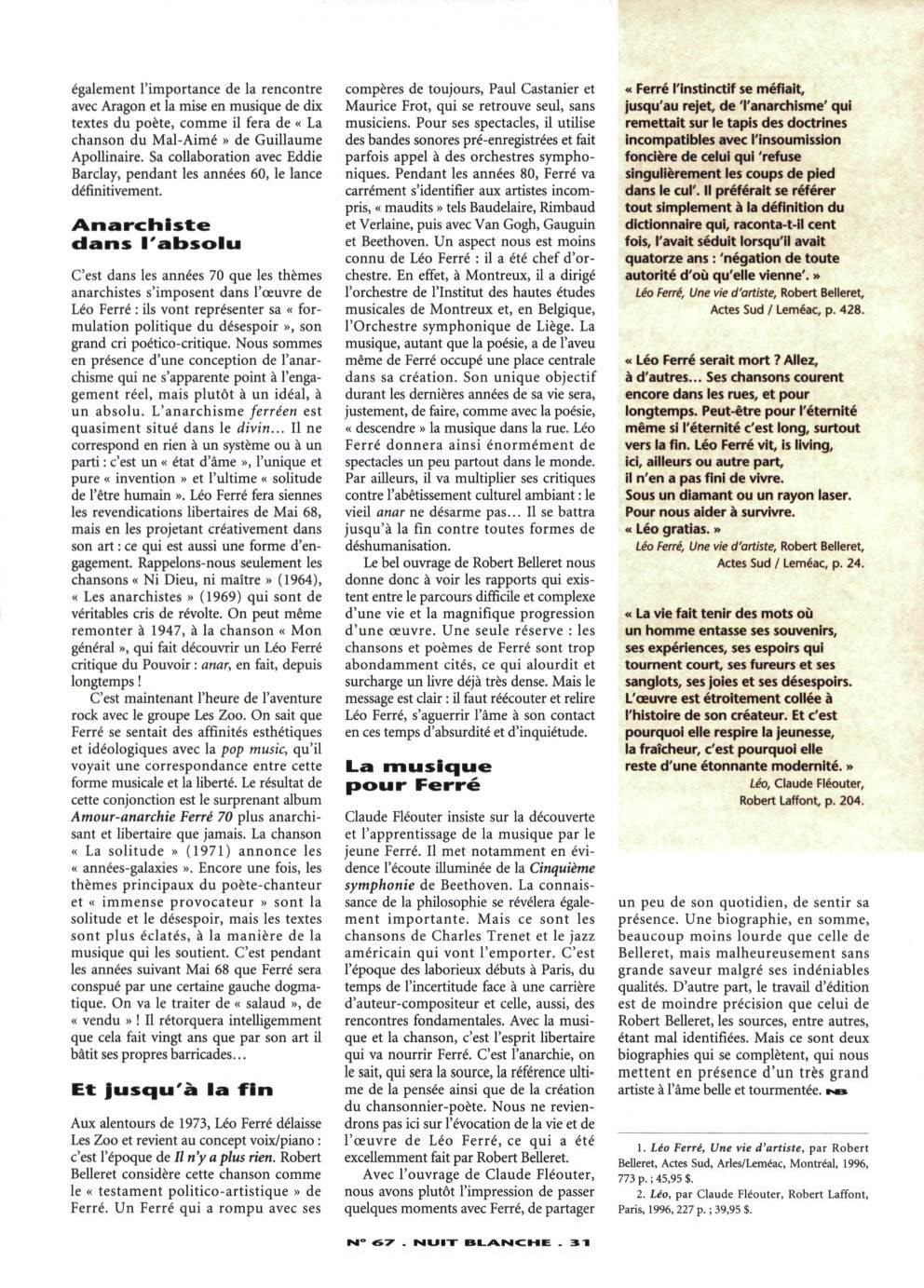 Léo Ferré - Nuit blanche, magazine littéraire, n°67, été 1997