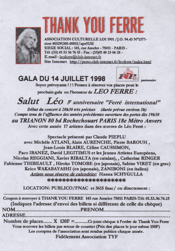 Léo Ferré - Thank You Ferré Courrier pour le 14/07/1998