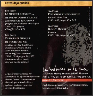 Léo Ferré - parutions éditions La mémoire et la mer