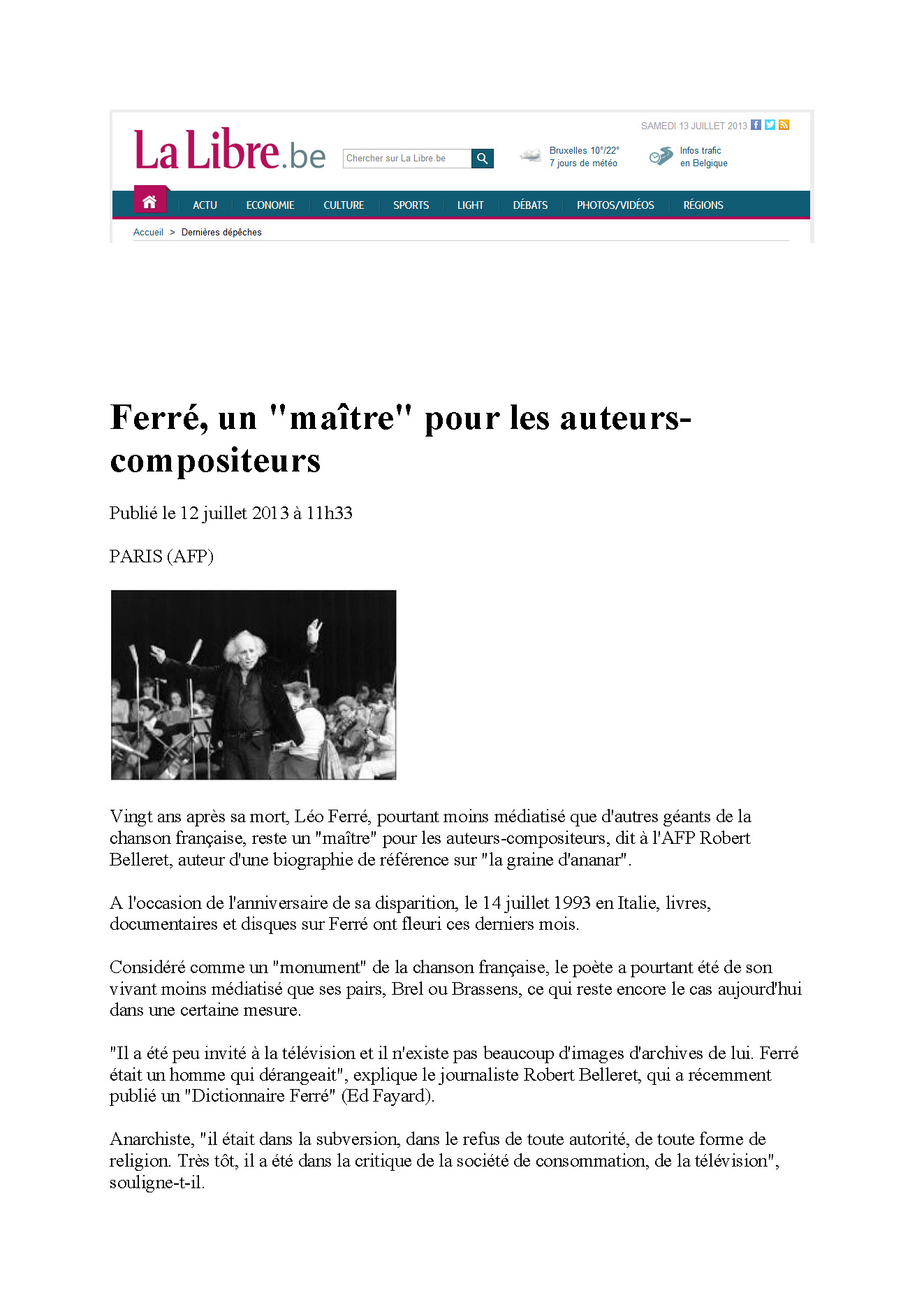 La Libre du 12/07/2013 Ferré un maître pour les auteurs-compositeurs