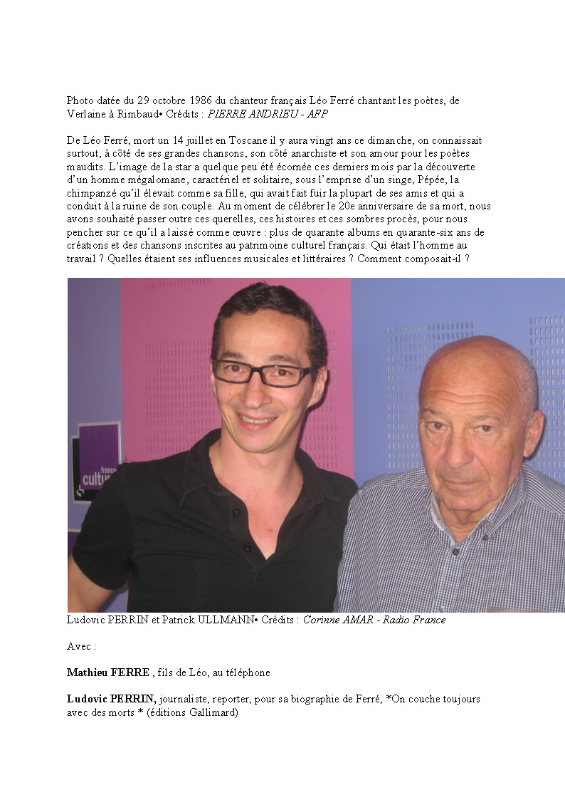 France Culture le 12/07/2013 Retour sur l'oeuvre de Ferré