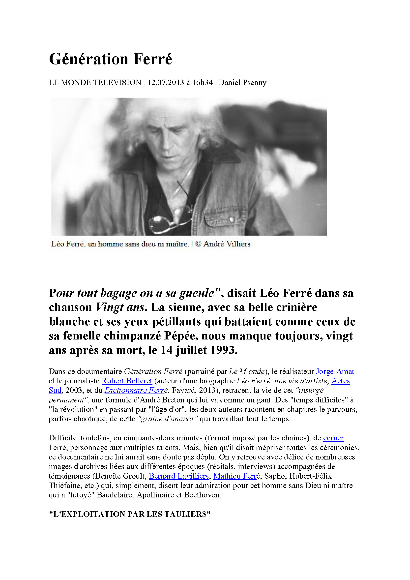 Le Monde Télévision du 12/07/2013 Génération-Ferré