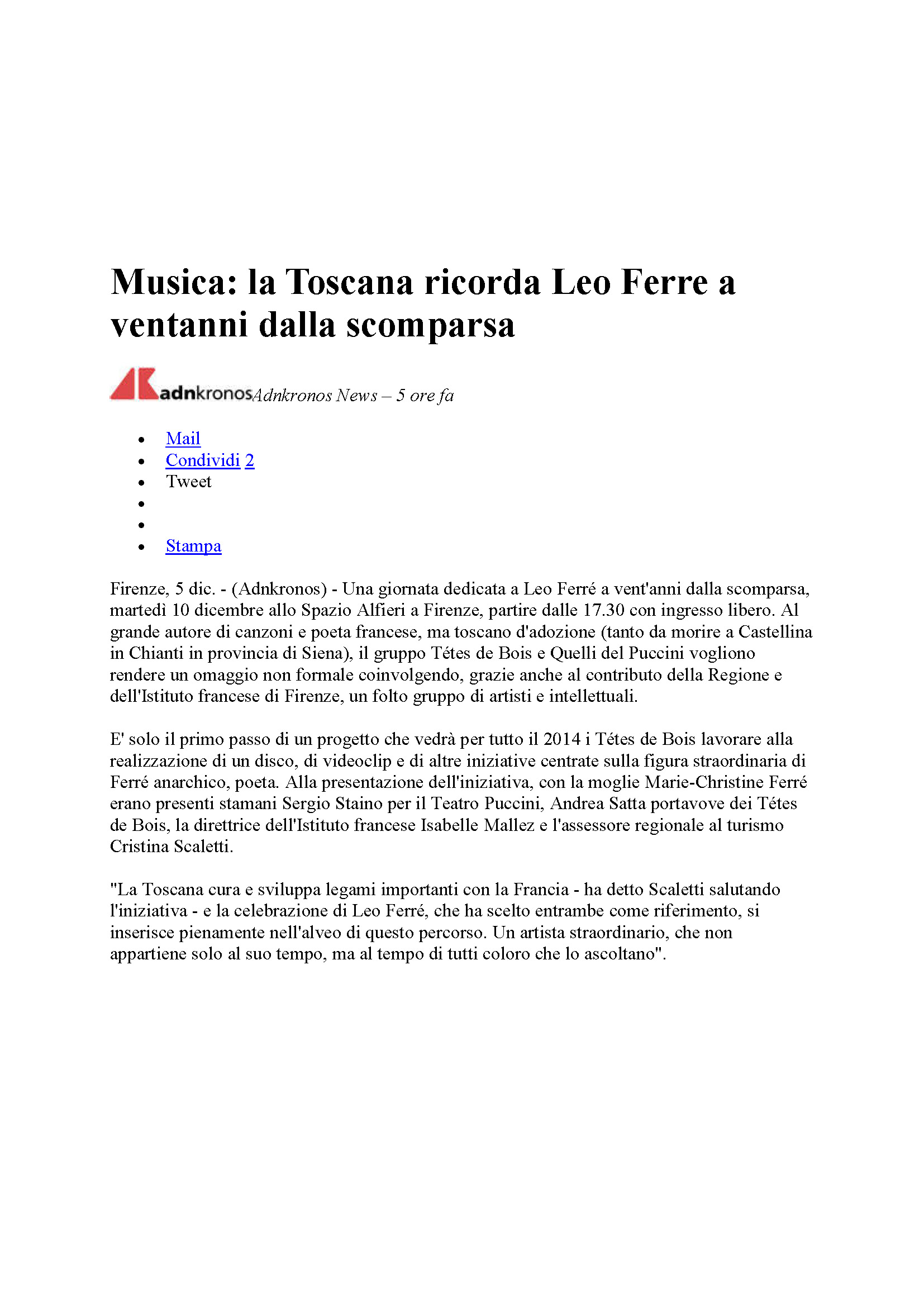  Le 05/12/2013 La Toscana ricorda Léo Ferré 