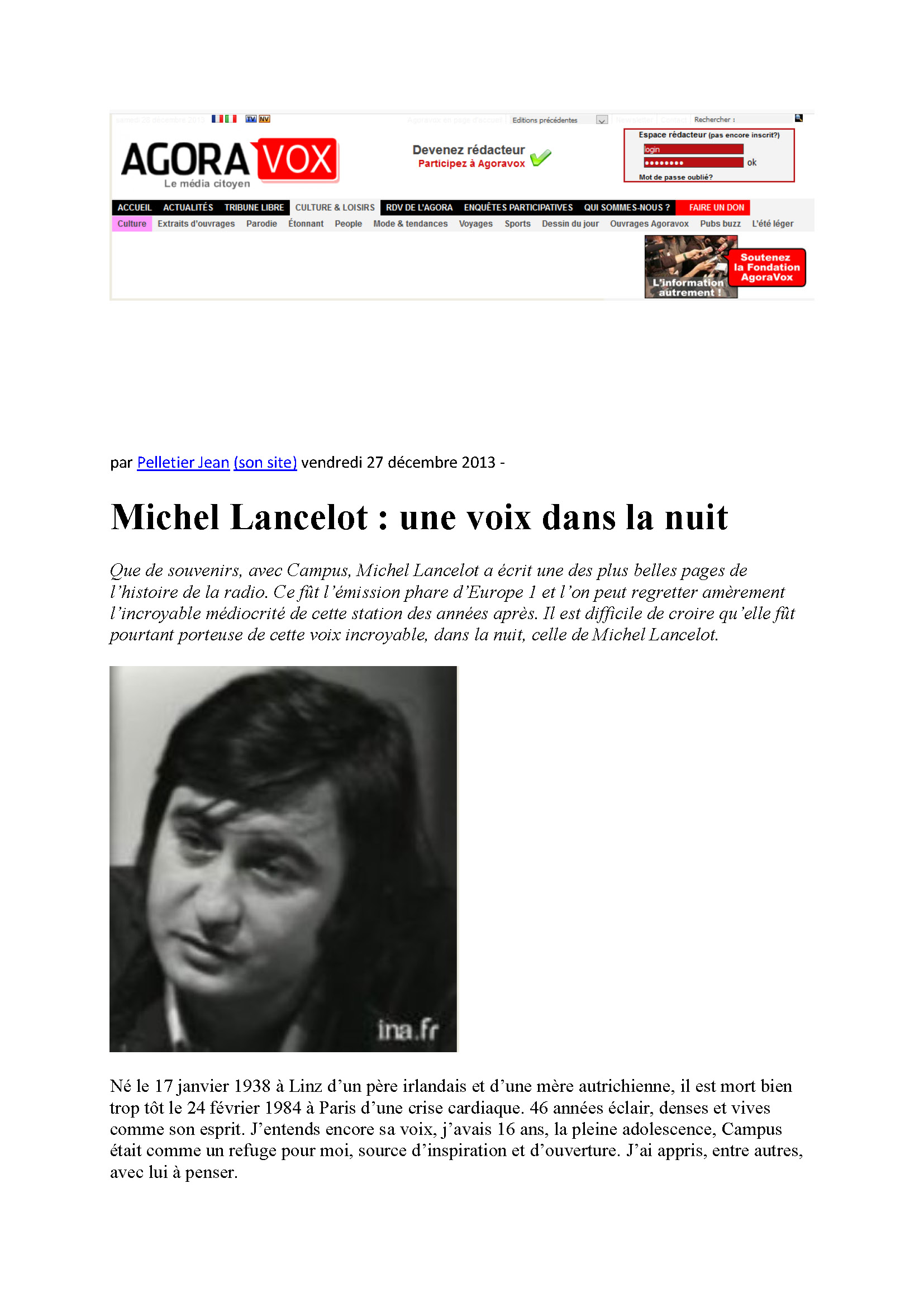  Agora Vox le 27/12/2013 Michel Lancelot