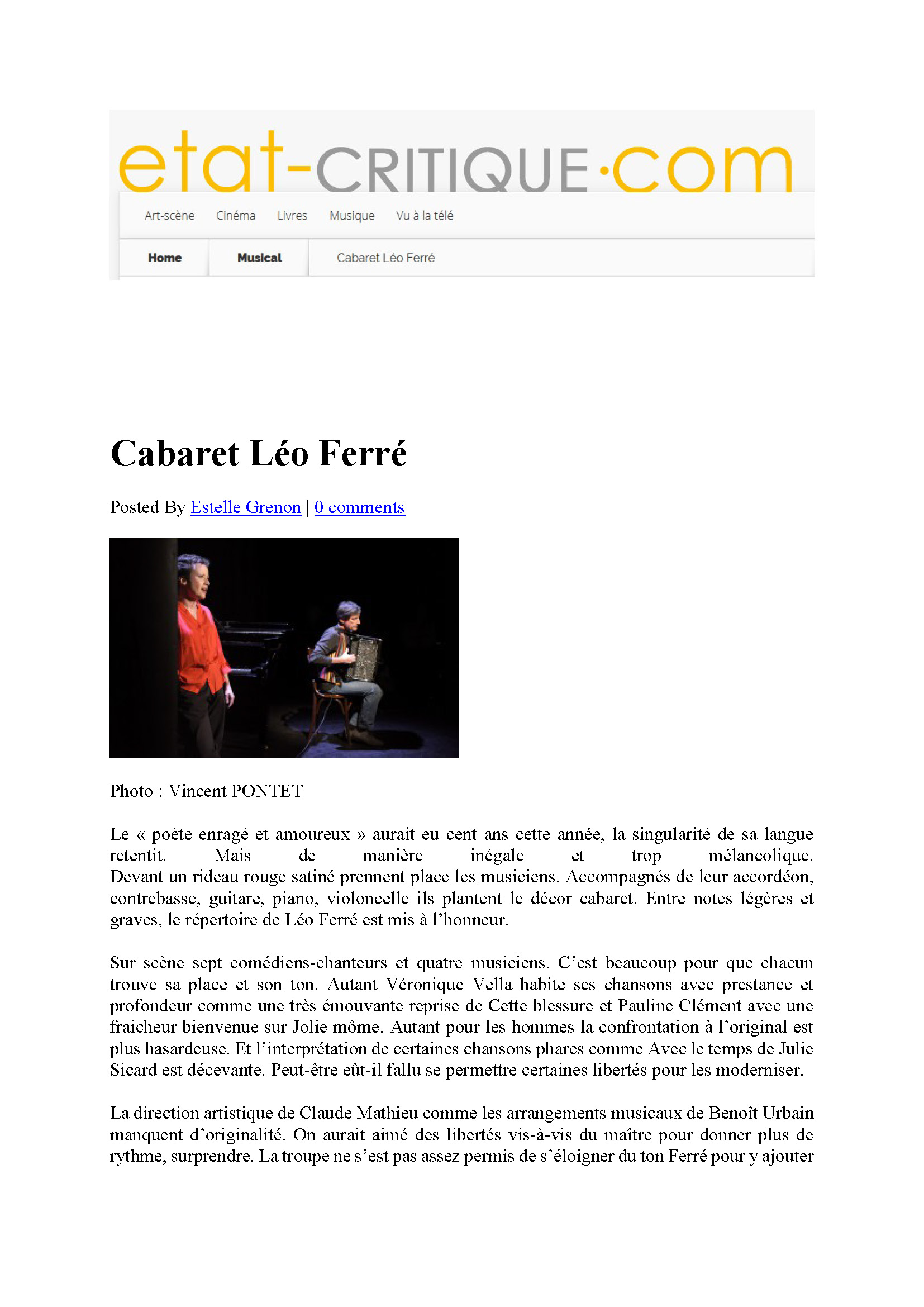 17/03/2016 Etat-Critique Cabaret Léo Ferré de la Comedie Française