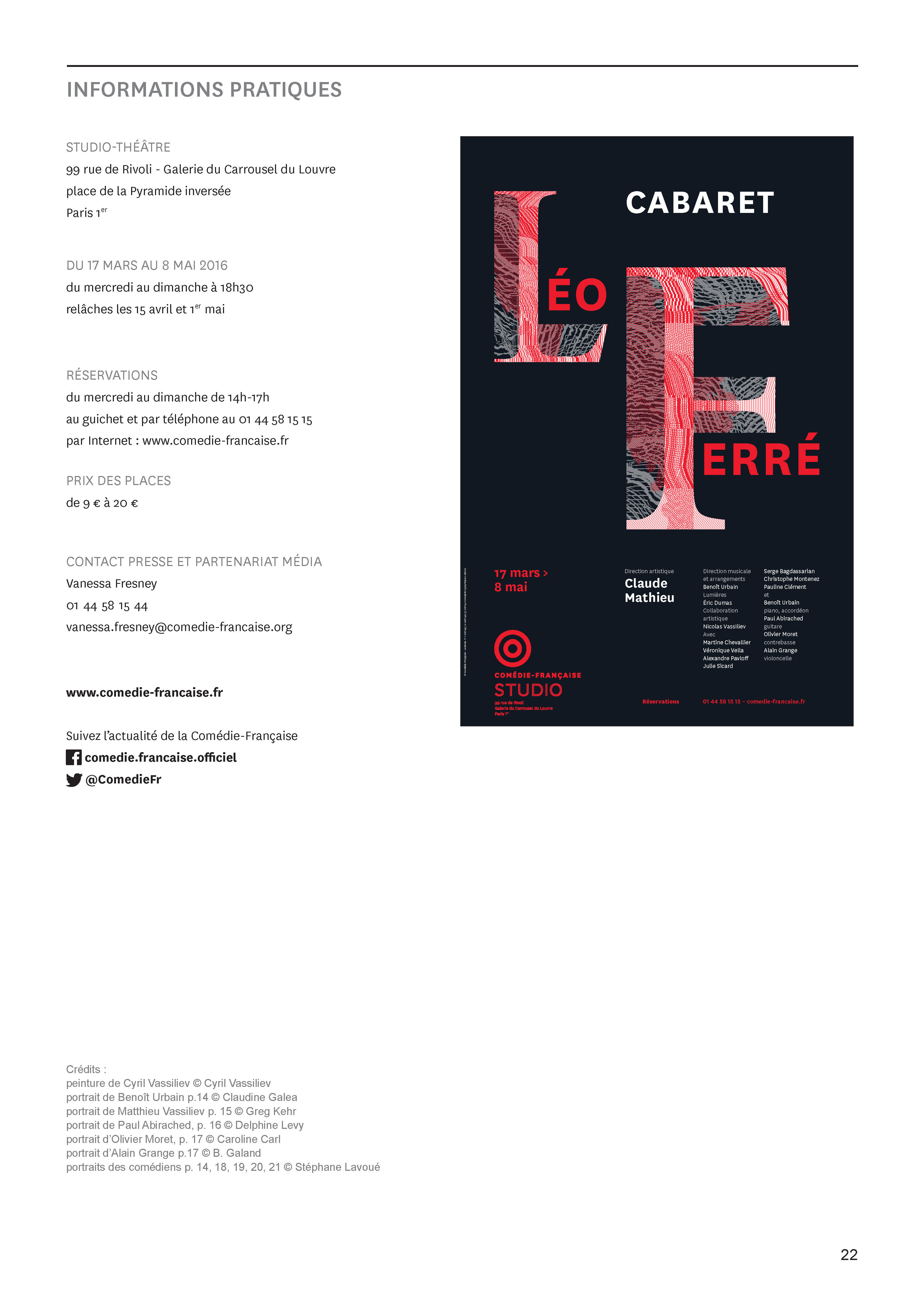 17/03/2016 programme Cabaret Léo Ferré de la Comedie Française