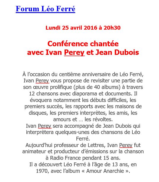 25/04/2016 Conférence Chantée sur Léo Ferré Forum Léo Ferré