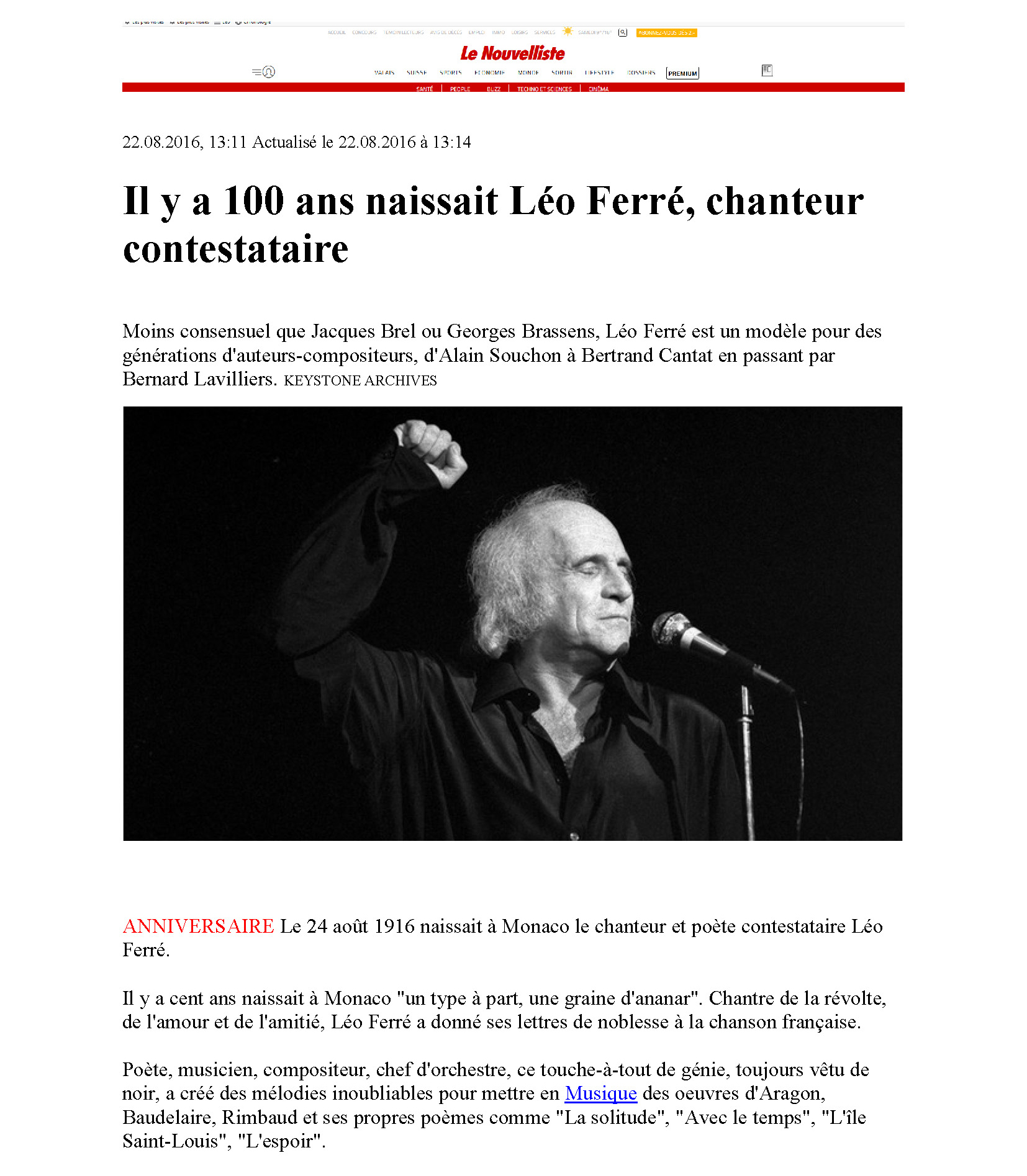 22/08/2016 Le nouvelliste il y a 100 ans naissait Léo Ferré