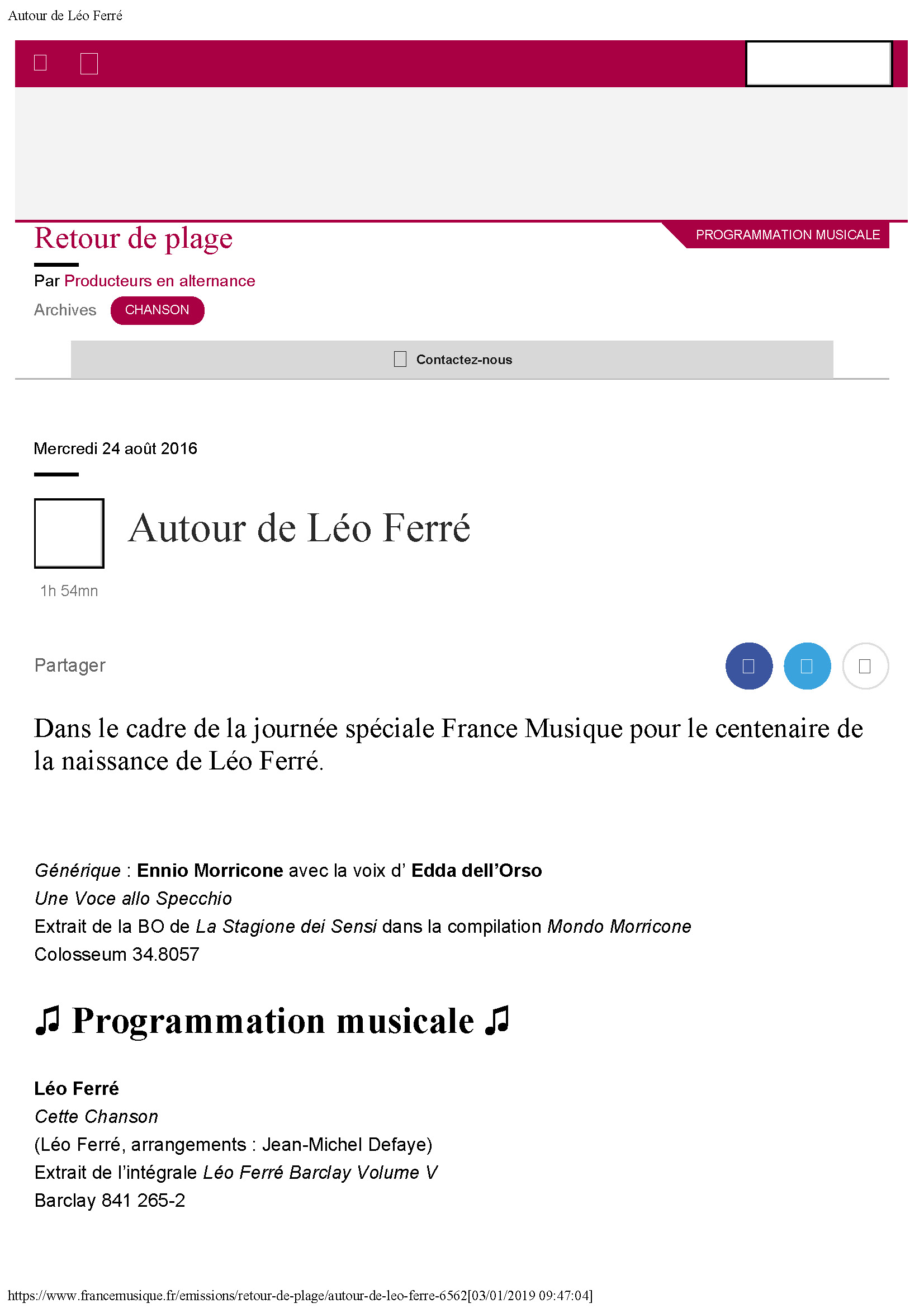 24/08/2016 France-Musique Centenaire de Léo Ferré - Autour de Léo Ferré