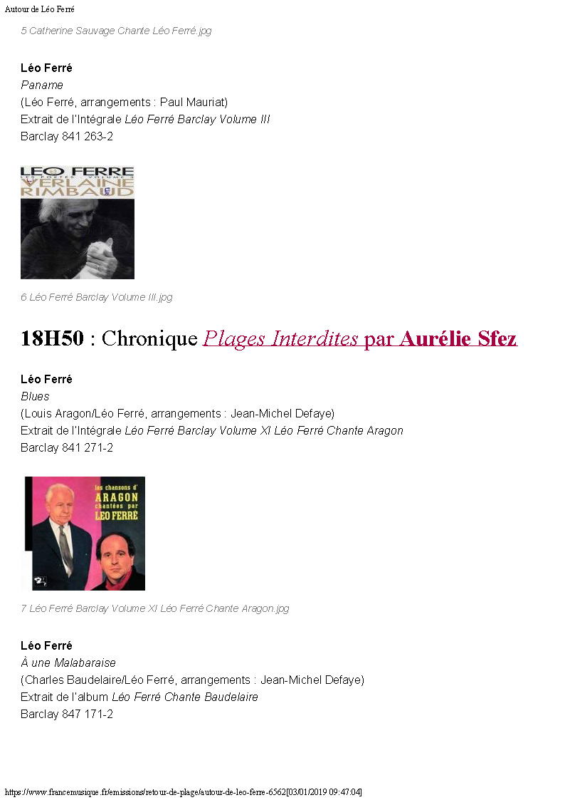 24/08/2016 France-Musique Centenaire de Léo Ferré - Autour de Léo Ferré
