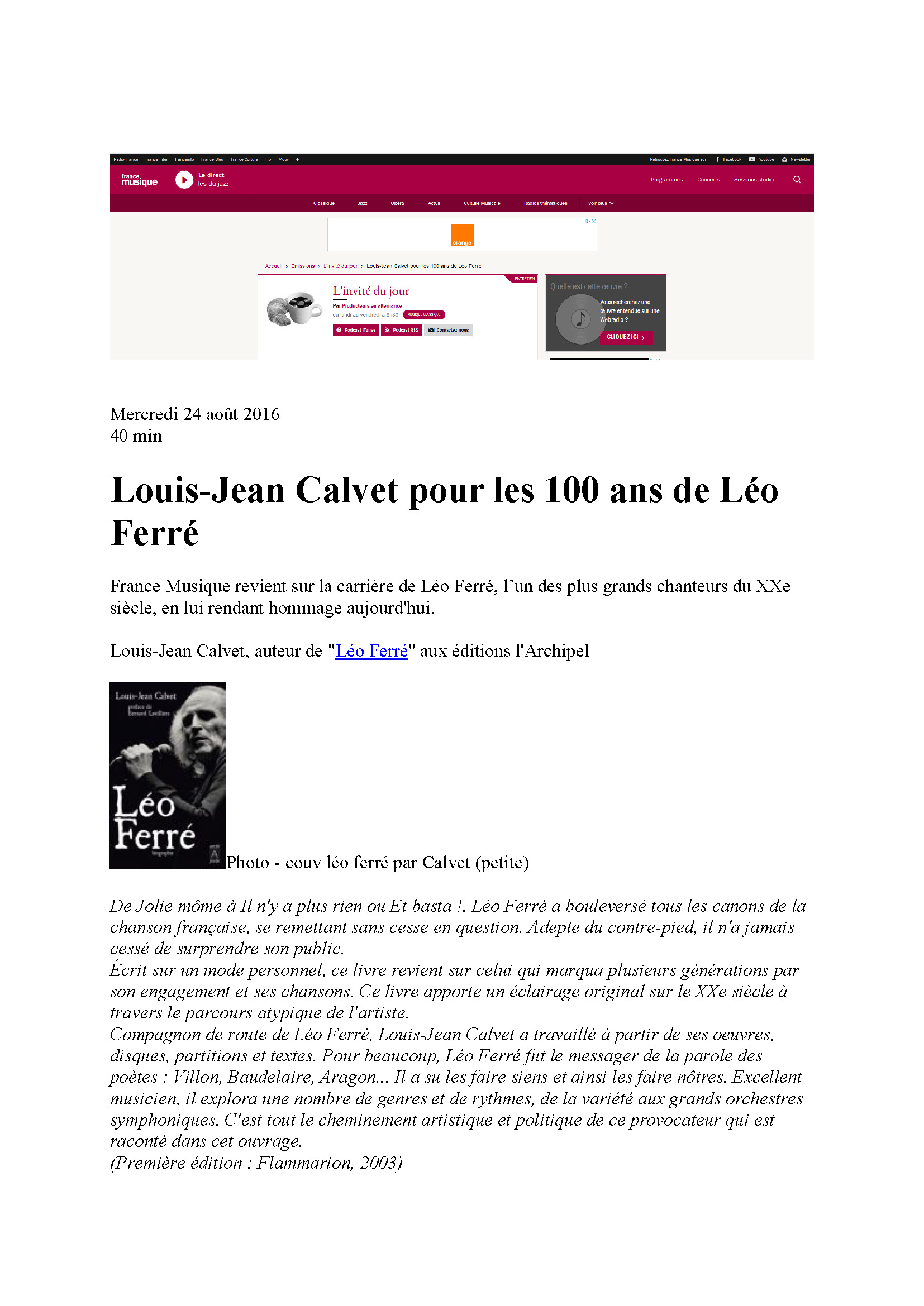 24/08/2016 France-Musique Centenaire de Léo Ferré Louis-Jean-Calvet pour les 100 ans de Léo Ferré