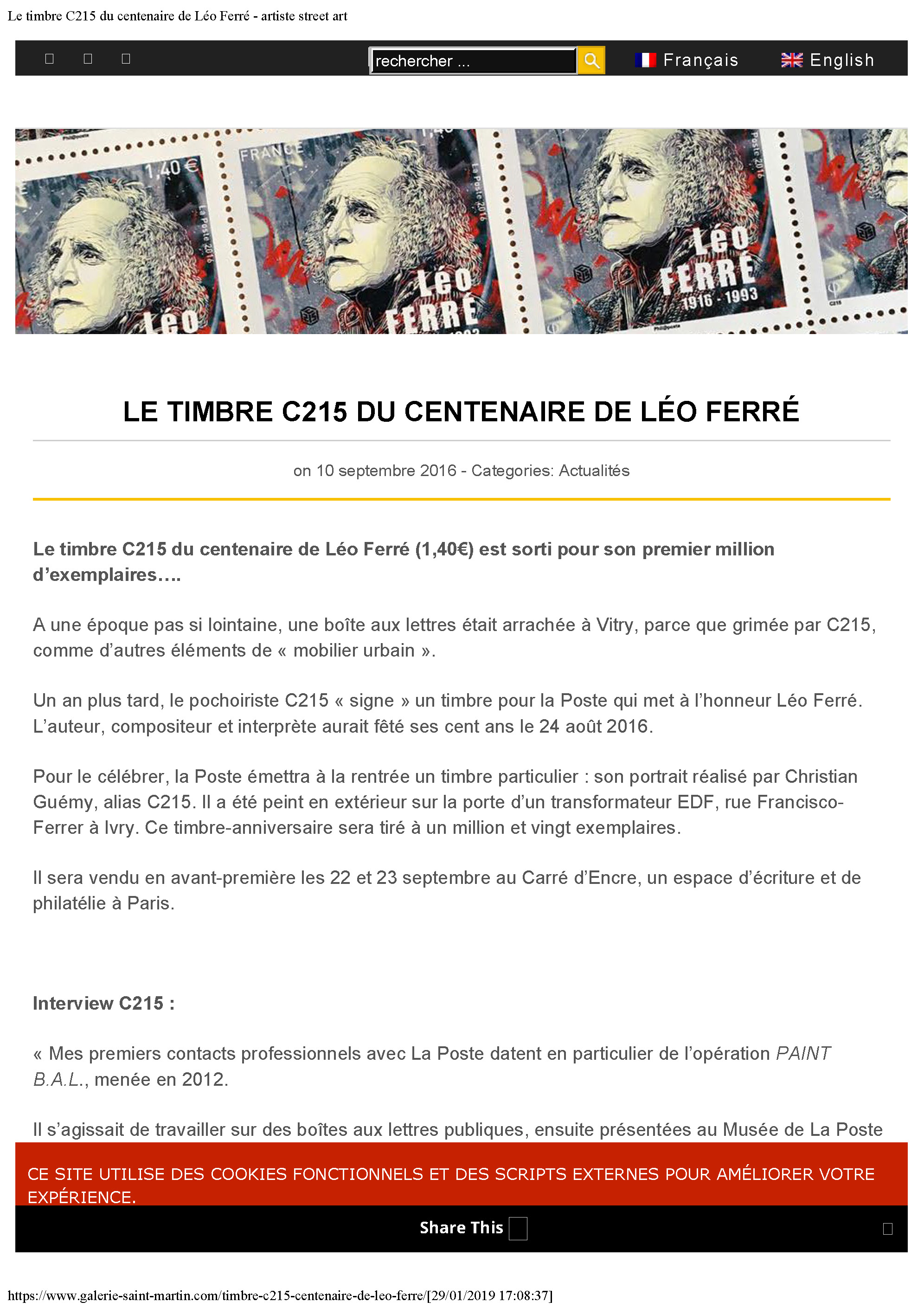 10/09/2016 Le timbre C215 du centenaire de Léo Ferré artiste street-art