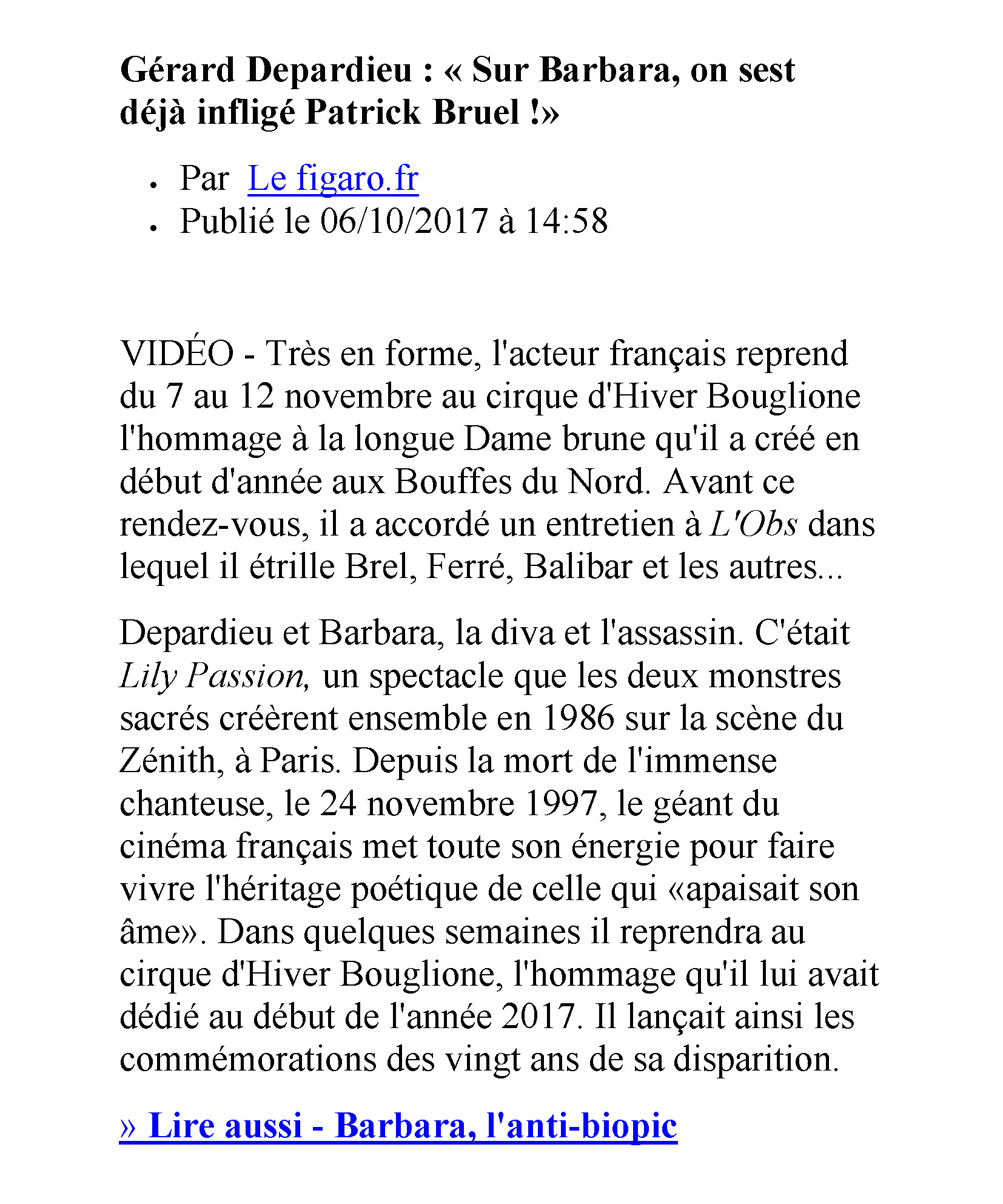 06/10/2017 Le Figaro Gérard Depardieu parle de Léo Ferré