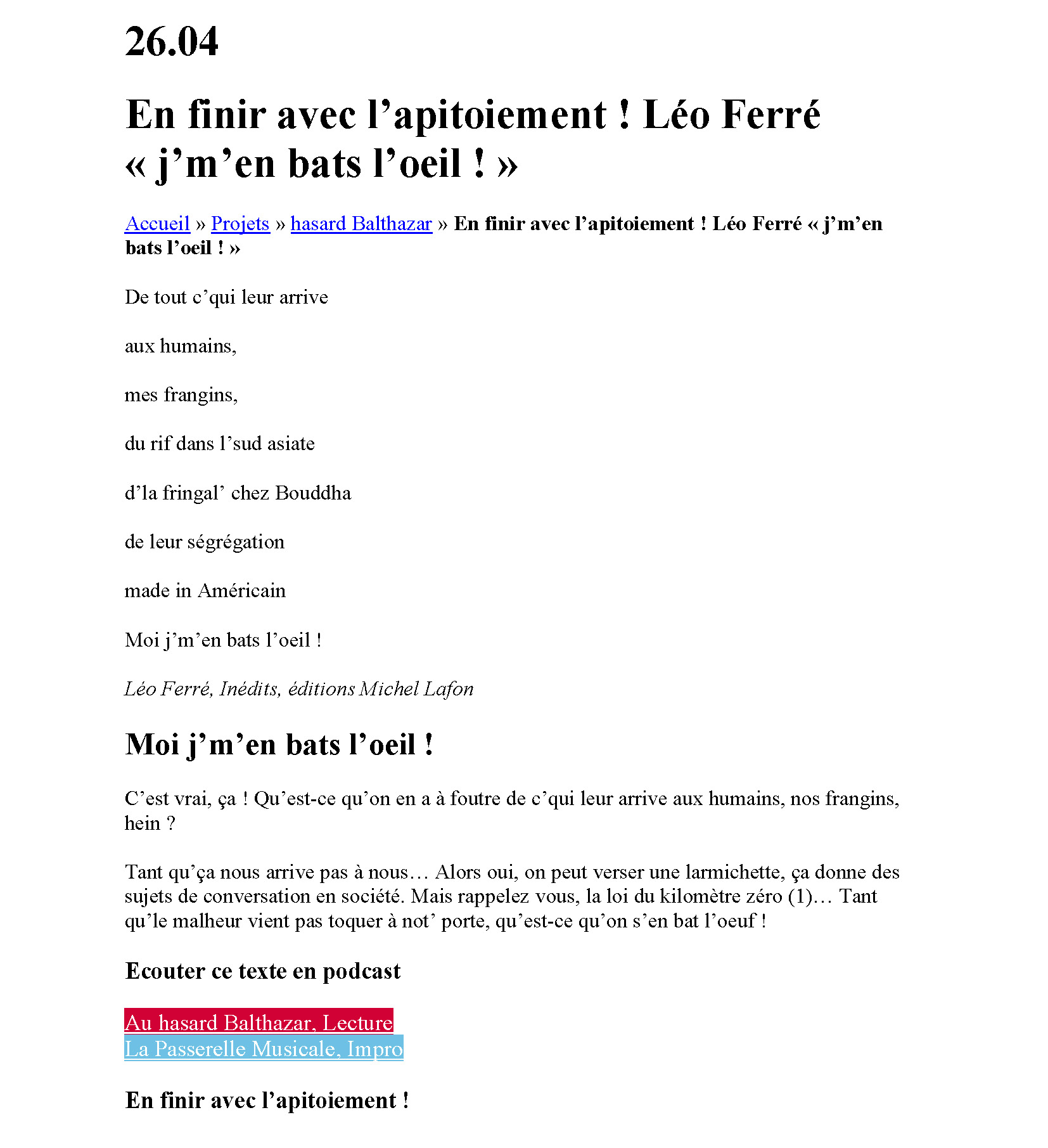  26/04/2019 Léo Ferré- Moi J'm'en bats l'oeil