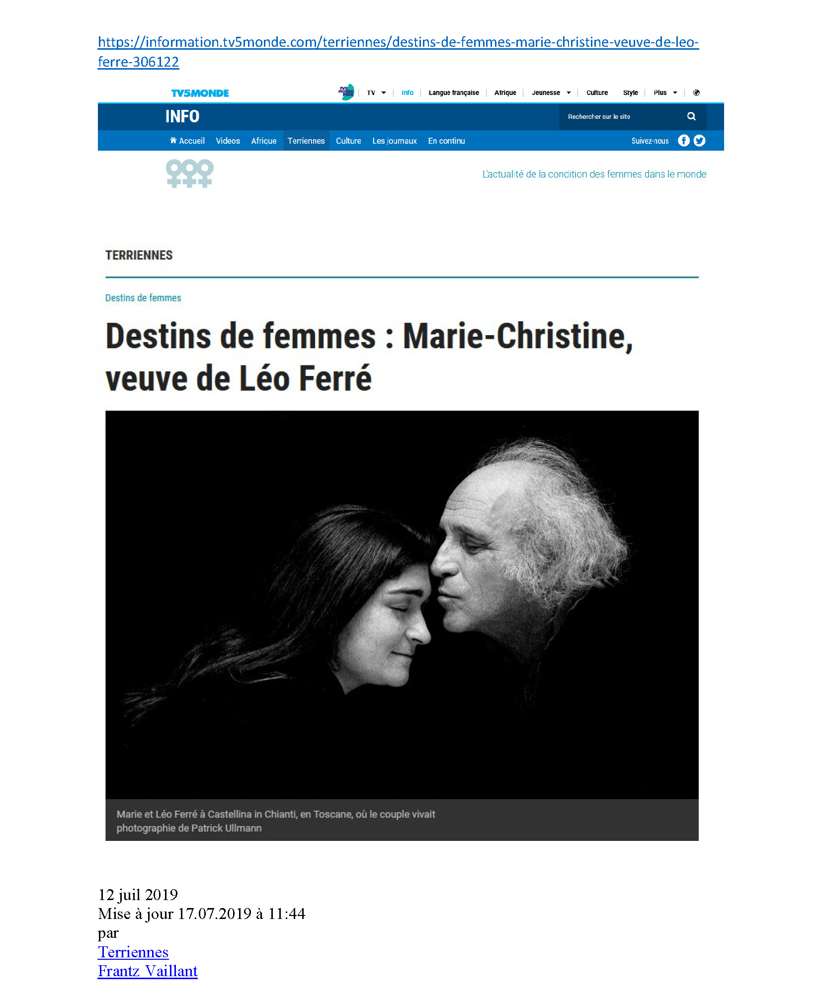  12/07/2019 TV5 Marie-Christine veuve de Léo Ferré par Frantz Vaillant