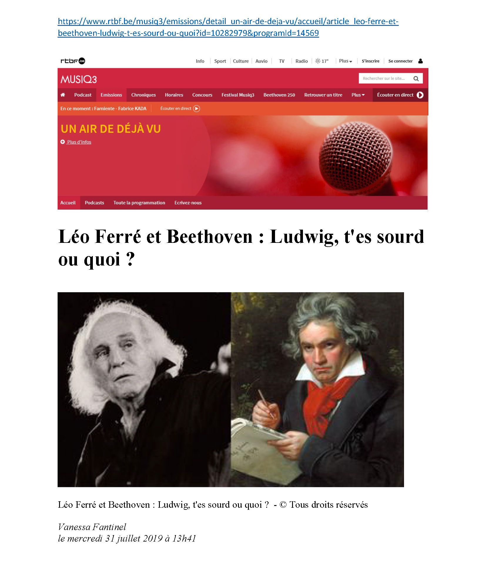  31/07/2019 RTBF Léo Ferré et Beethoven 
