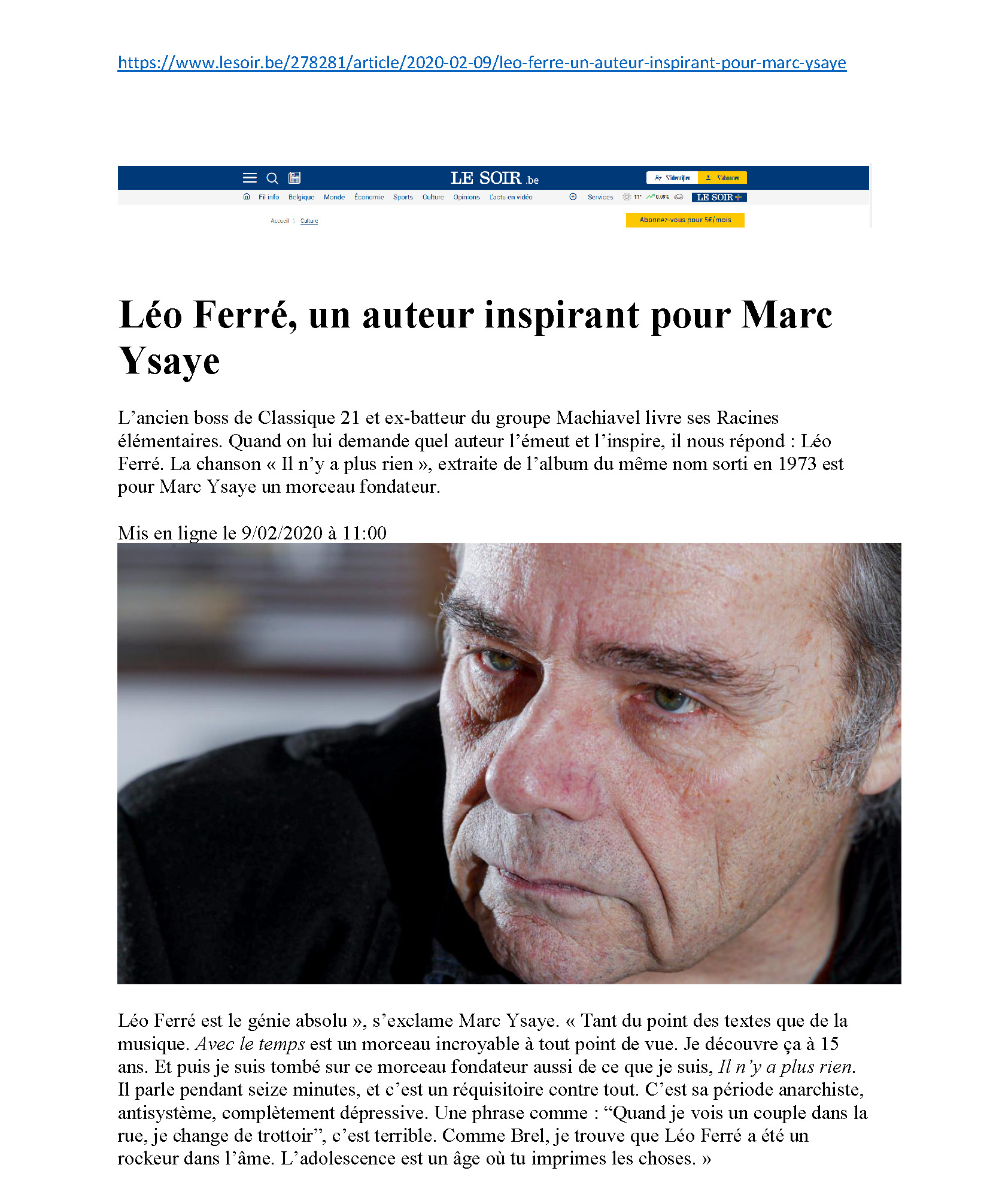 09/02/2020 Le Soir Marc-Ysaye et Léo Ferré