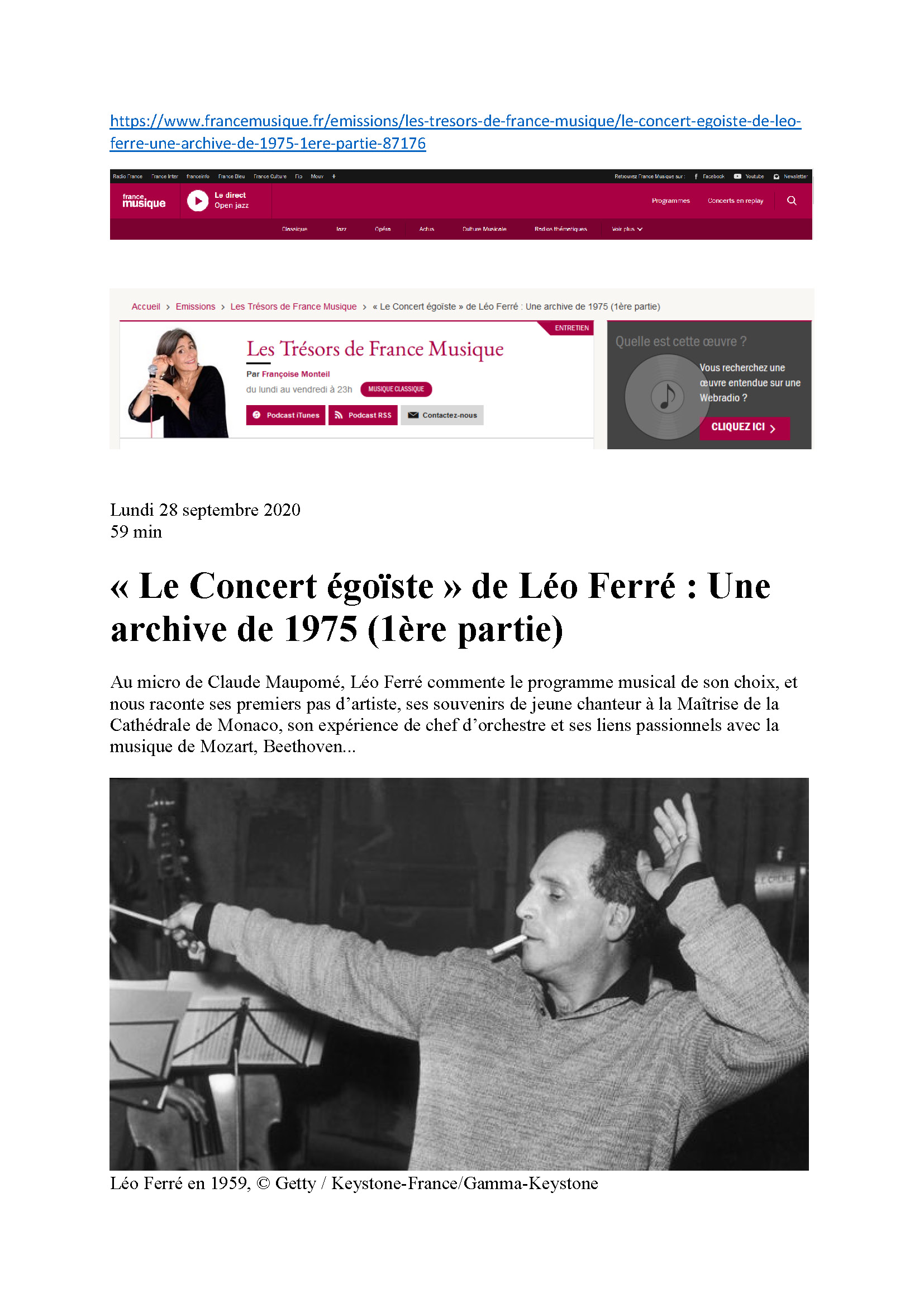 28/09/2020 Les trésors de france musique le concert égoïste Léo Ferré ère partie