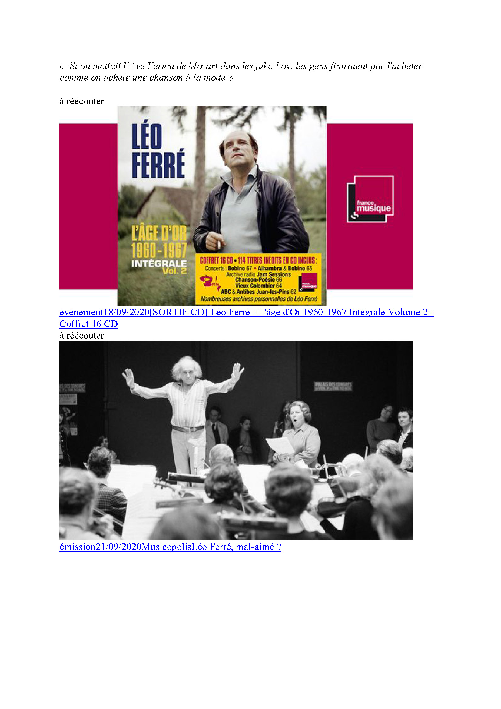 28/09/2020 Les Trésors de France Musique Le Concert  égoïste Léo Ferré ère partie
