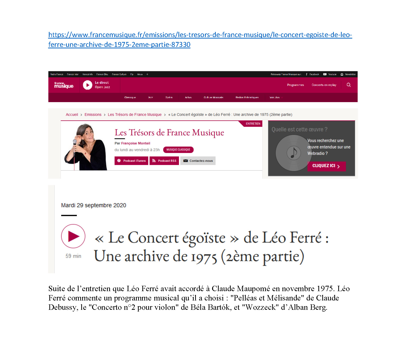 29/09/2020 Les trésors de france musique le concert égoïste Léo Ferré 2ème partie