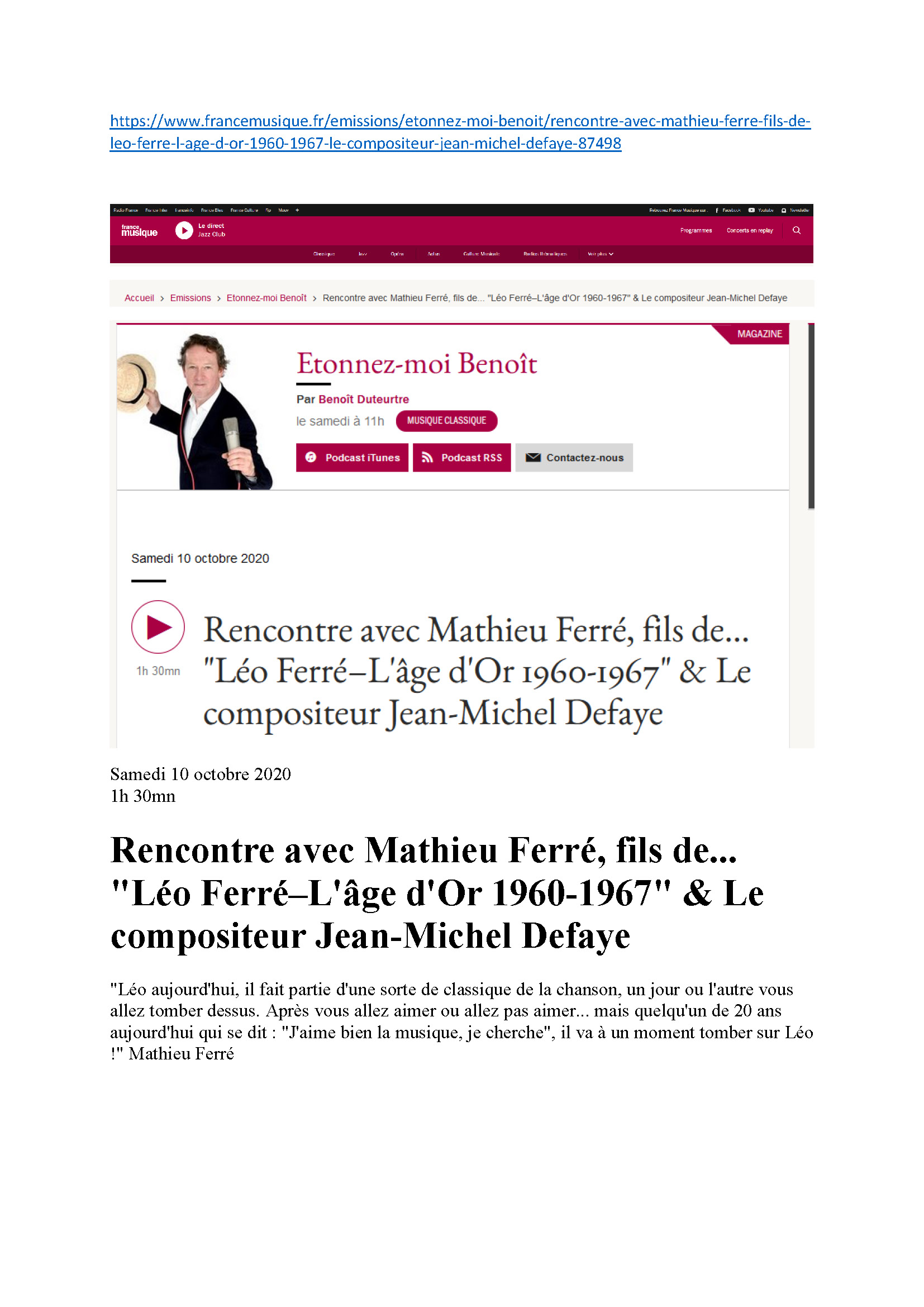 10/10/2020 France Musique Rencontre avec Mathieu Ferré et jean-Michel Defaye