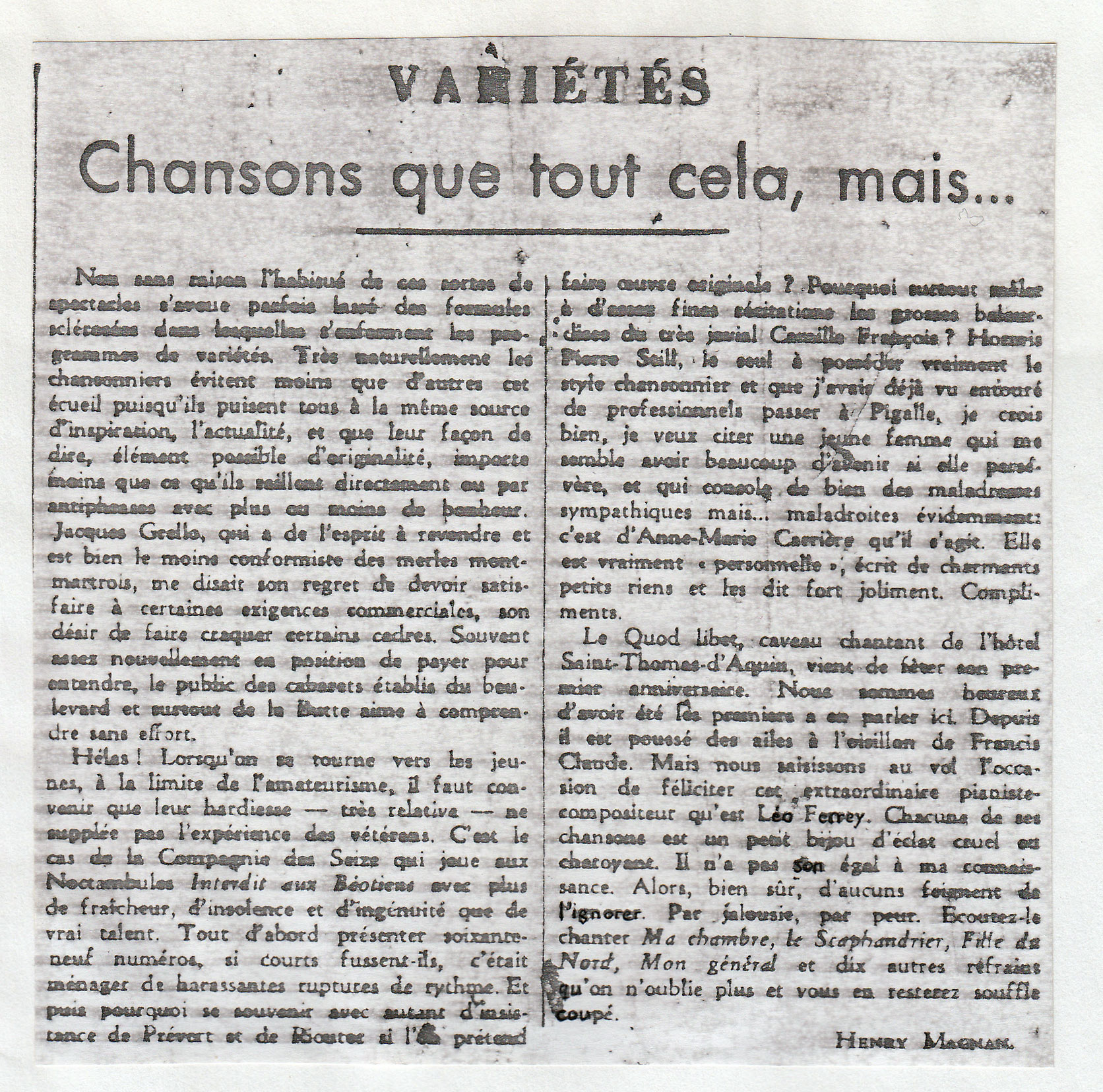 Léo Ferré, Le Monde du 09/03/1949