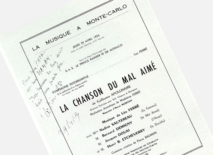 1954 Création à Monaco de La Chanson du mal-aimé