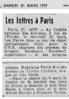 Léo Ferré - La presse, 1884- (Montréal), samedi 21 mars 1959