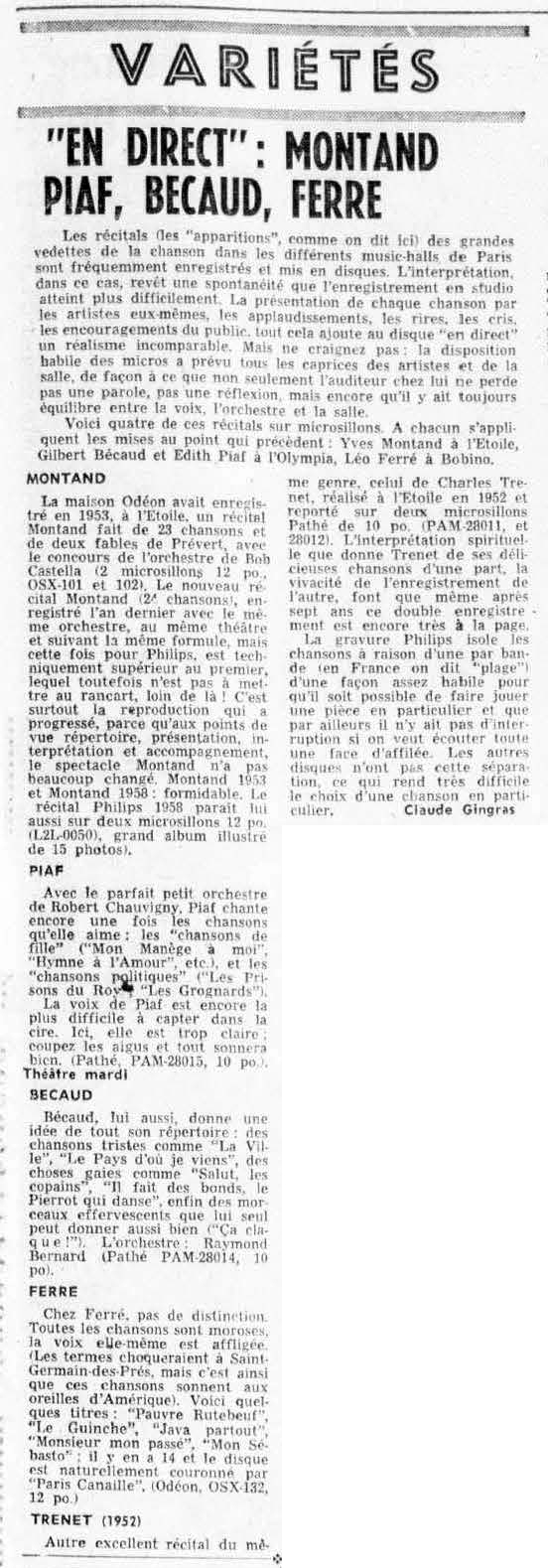 Léo Ferré - La presse, 1884- (Montréal), mardi 21 avril 1959