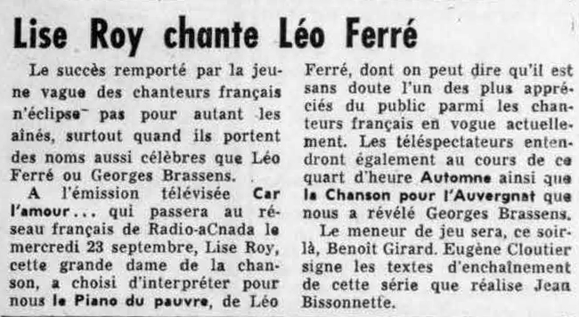 Léo Ferré - Radiomonde et télémonde, 1952-1960, samedi 19 septembre 1959