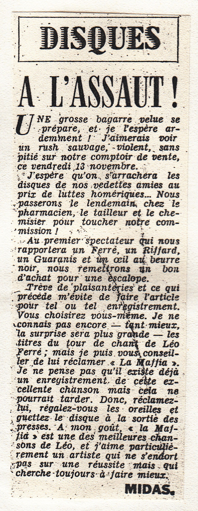 Léo Ferré, Le Monde Libertaire de novembre 1959