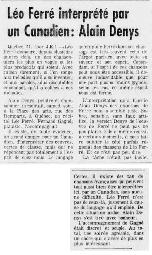 Léo Ferré - La presse, 1884- (Montréal), lundi 21 décembre 1959
