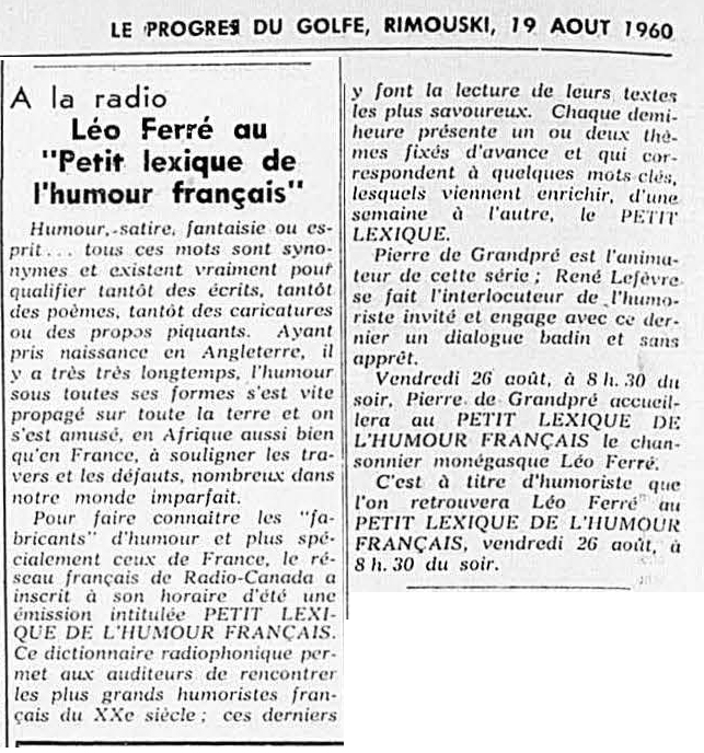 Léo Ferré - Le Progrès du Golfe (Rimouski), 1904-1970, vendredi 19 août 1960