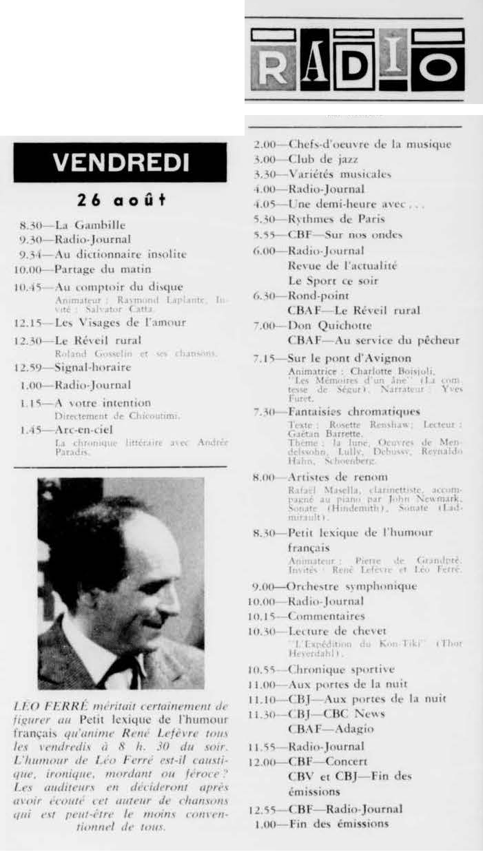 Léo Ferré - La semaine à Radio-Canada, 1950-1966, samedi 20 août 1960