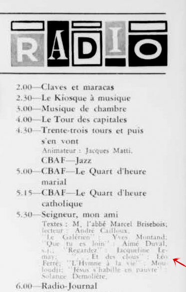 Léo Ferré - La semaine à Radio-Canada, 1950-1966, samedi 3 septembre 1960