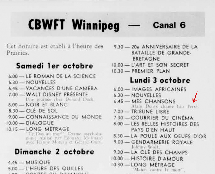 Léo Ferré - La semaine à Radio-Canada, 1950-1966, samedi 1 octobre 1960