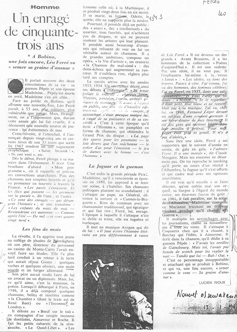 Léo Ferré - Le Nouvel Observateur du 13/01/1969