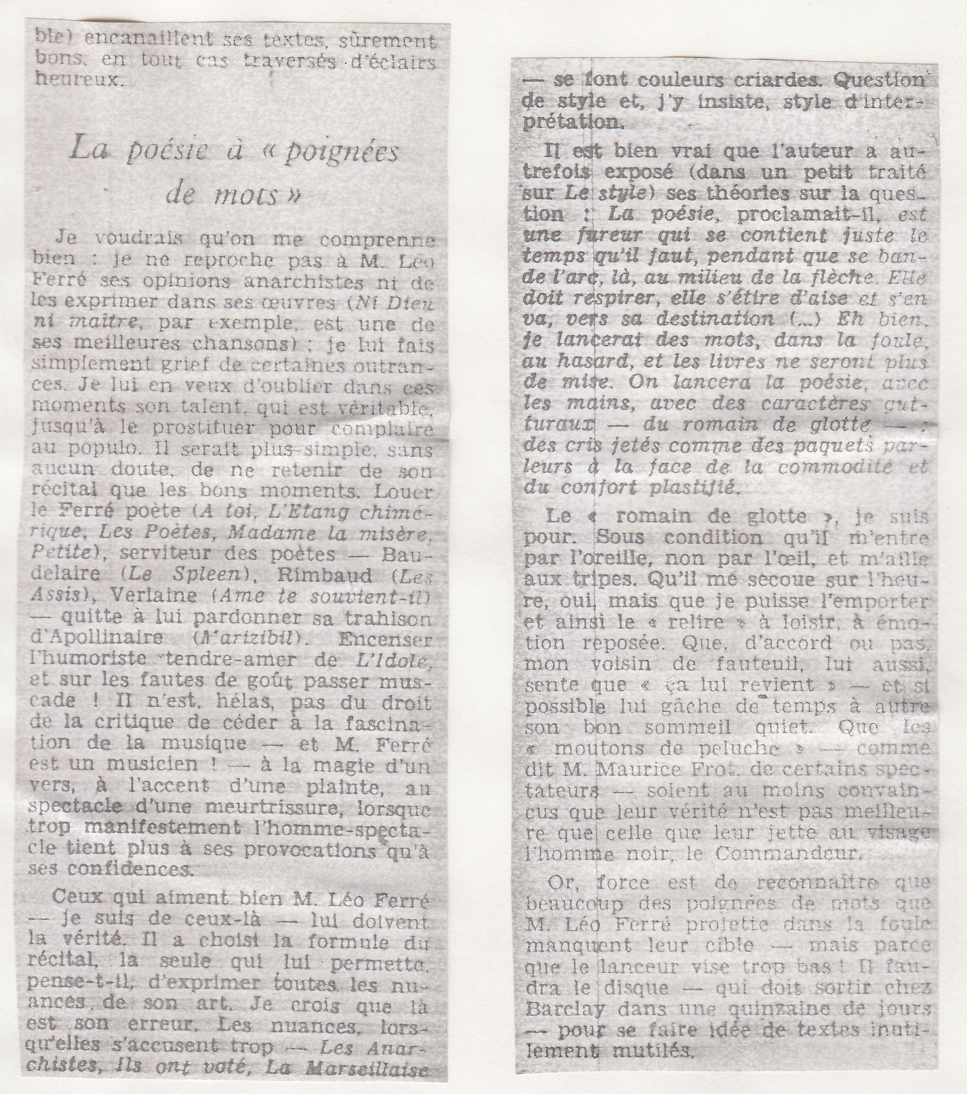 Léo Ferré - Les Lettres françaises du 15/01/1969