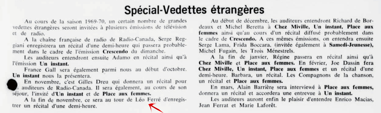 Léo Ferré - Ici Radio-Canada, 1966-1985, 20 septembre 1969
