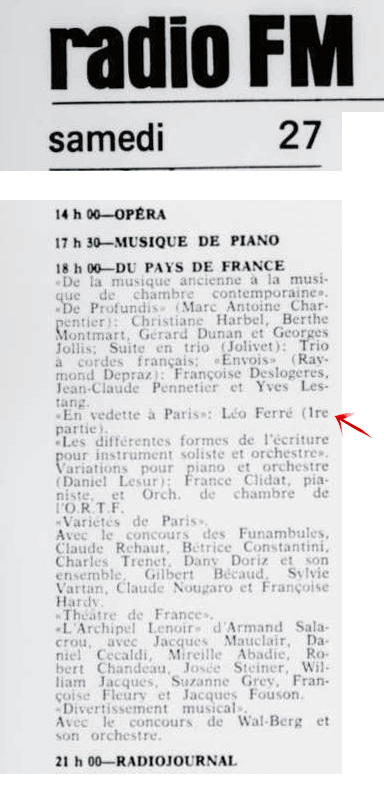 Léo Ferré - Ici Radio-Canada, 1966-1985, 27 septembre 1969