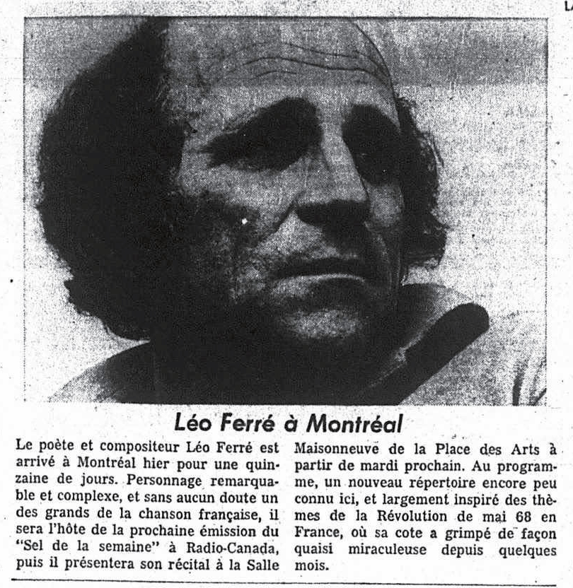 Léo Ferré - La presse, 1884- (Montréal), mercredi 4 février 1970