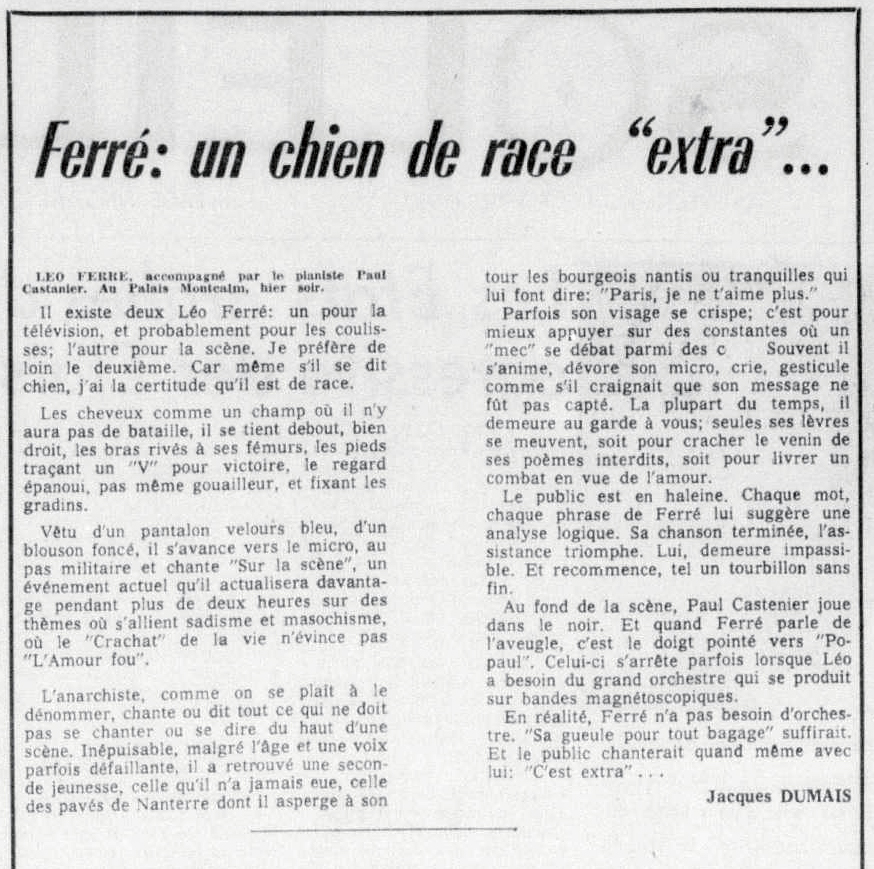 Léo Ferré - Le soleil, 1896- (Québec), lundi 9 février 1970