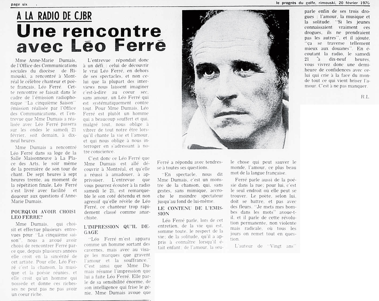 Léo Ferré - Le Progrès du Golfe (Rimouski), 1904-1970, vendredi 20 février 1970