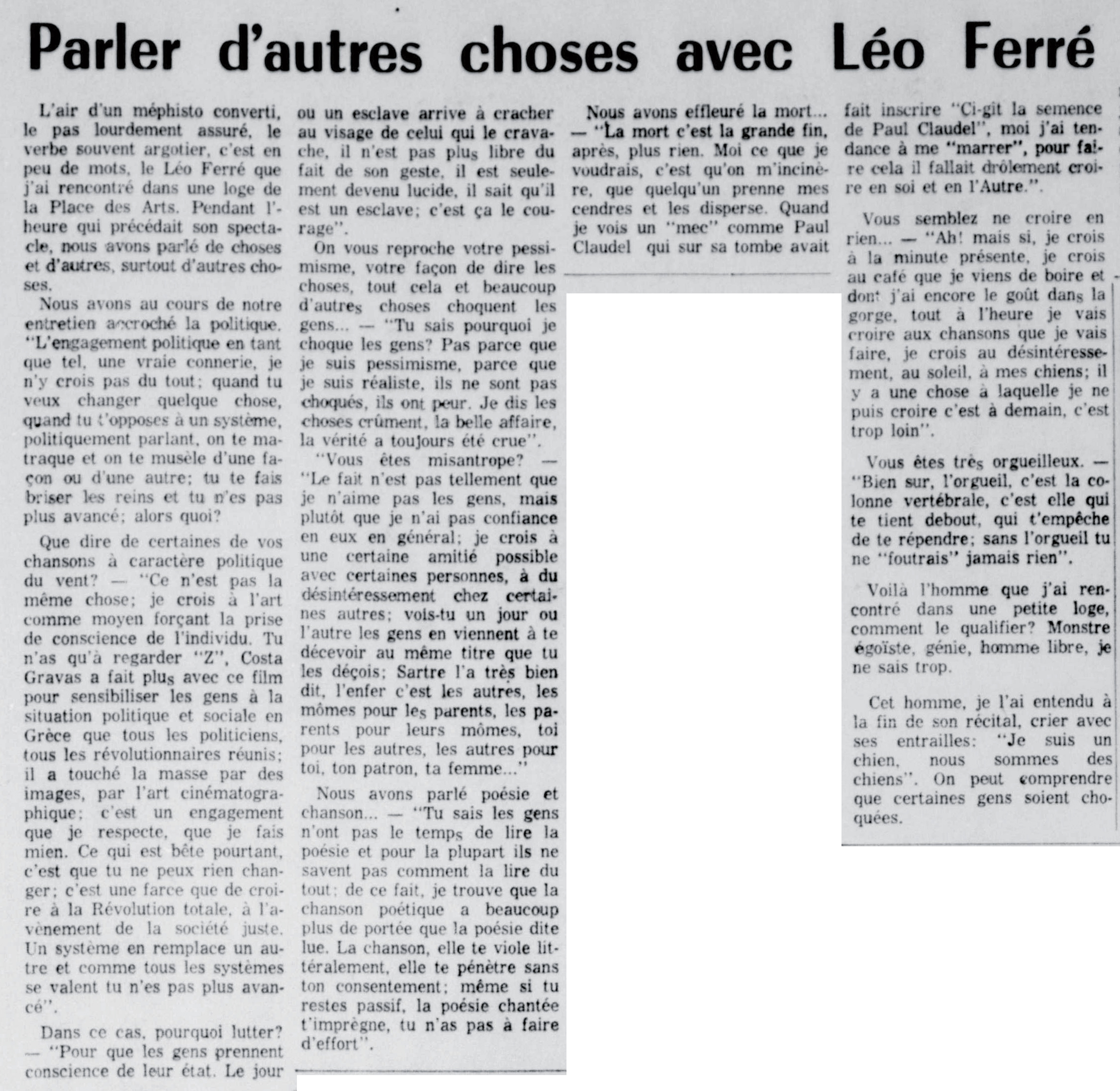 Léo Ferré - Le nouvelliste, 1920-, samedi 21 février 1970