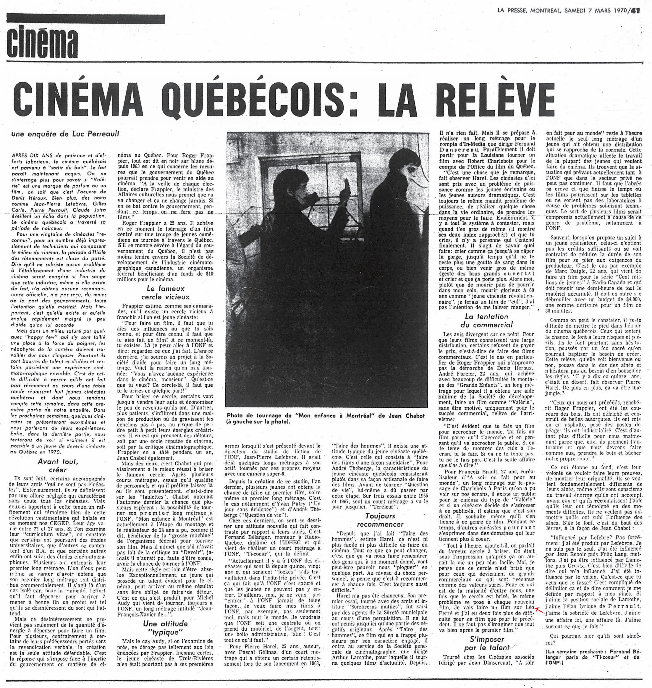Léo Ferré - La presse, 1884- (Montréal), samedi 7 mars 1970 &  Page(s) corrigée(s)