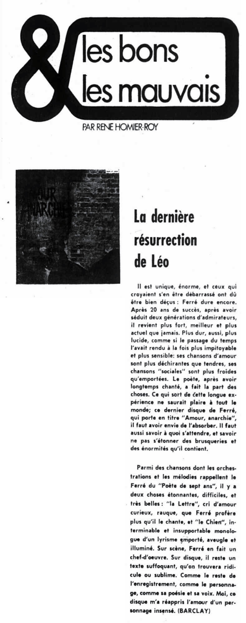 Léo Ferré - La presse, 1884- (Montréal), 10 septembre 1970, Spec