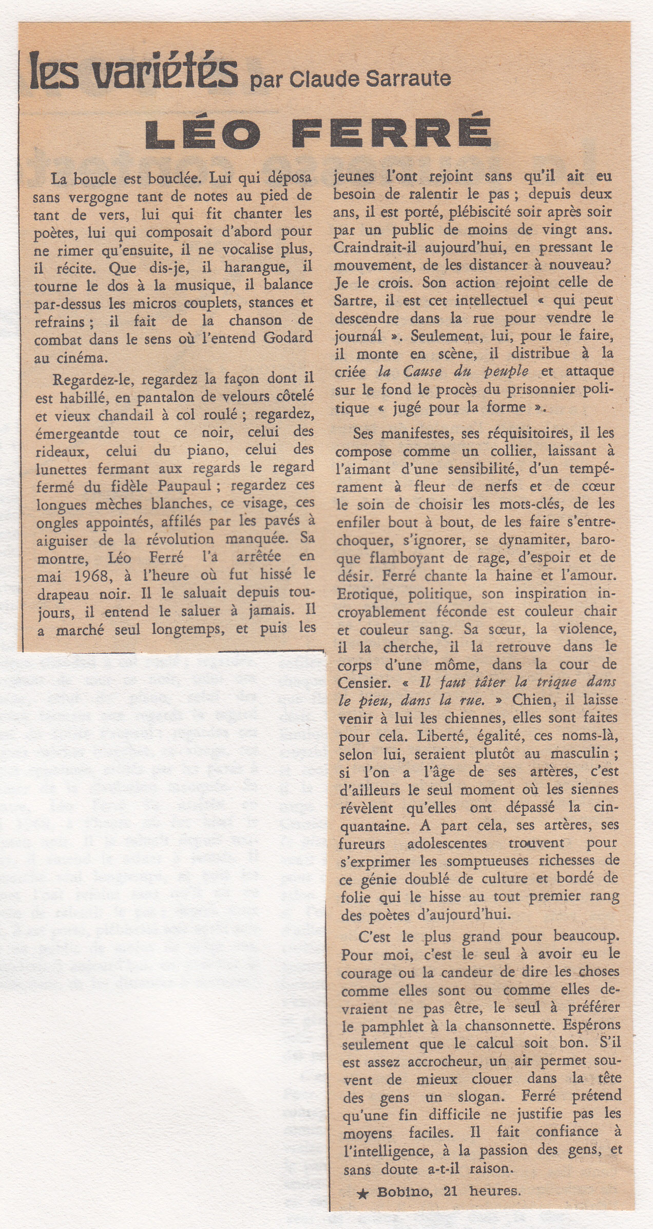 Léo Ferré - Le Monde du 13/10/1970