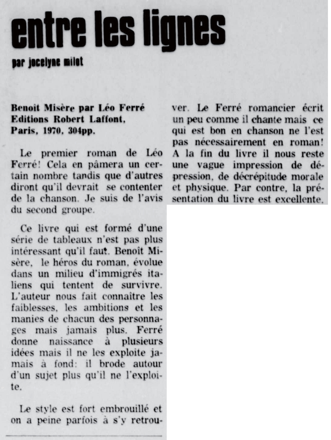 Léo Ferré - Le nouvelliste, 1920-, samedi 19 décembre 1970