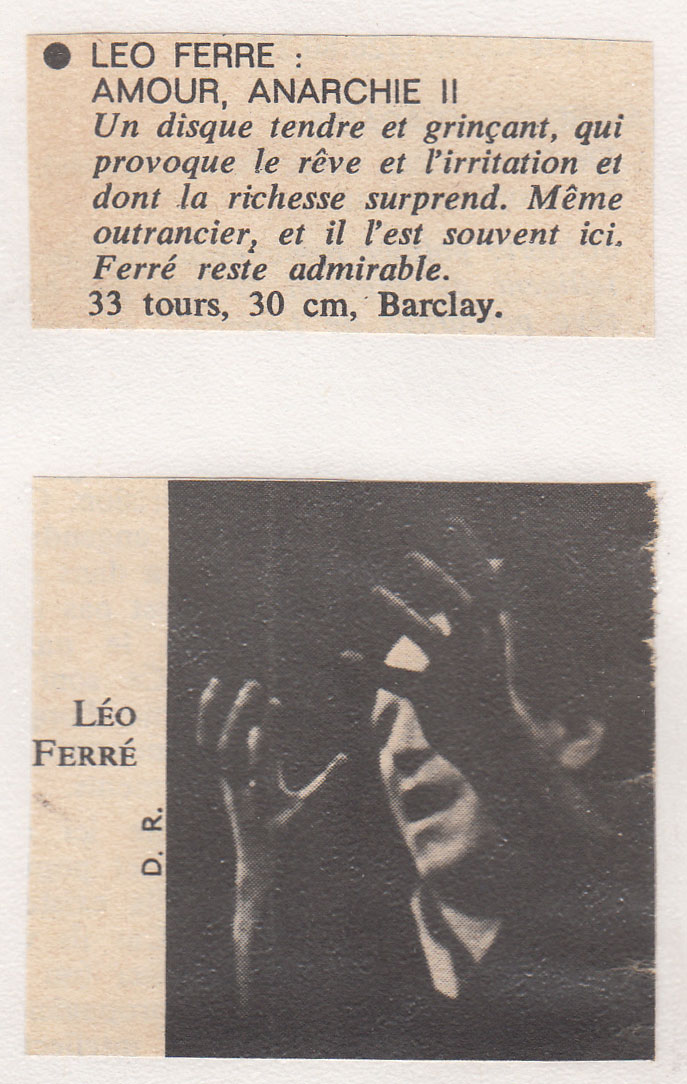 Léo Ferré - Le Nouvel Observateur du 11 au 7 janvier 1971