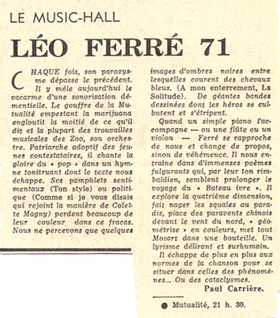 Léo Ferré - Le Figaro janvier 1971